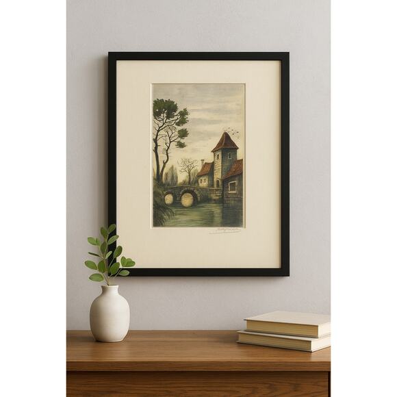 Henri Huguet Hand-Colored Etching Aquatint Village Bridge Tower Signed #rd 20thC - Picture 5 of 6